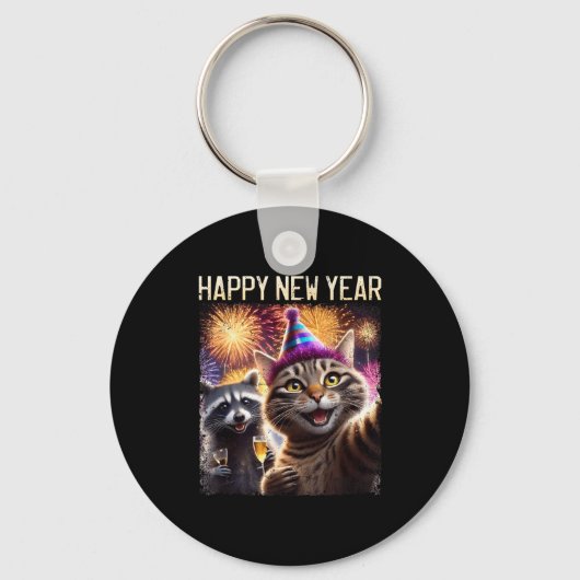 Happy New Year 2026 Cute Cat Raccoon Celebration Sleutelhanger (Voorkant)