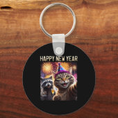 Happy New Year 2026 Cute Cat Raccoon Celebration Sleutelhanger (Voorkant)