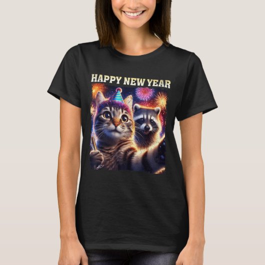 Happy New Year 2026 Cute Cat Raccoon Celebration  T-shirt (Voorkant)