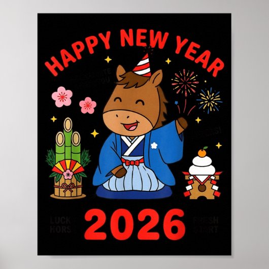 Happy New Year 2026 Cute Horse Japanese Celebratio Poster (Voorkant)