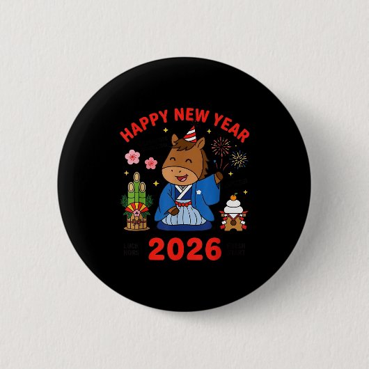 Happy New Year 2026 Cute Horse Japanese Celebratio Ronde Button 5,7 Cm (Voorkant)