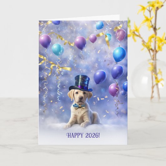 Happy New Year 2026 Cute Yellow Labrador Retriever Kaart (Gele Bloem)