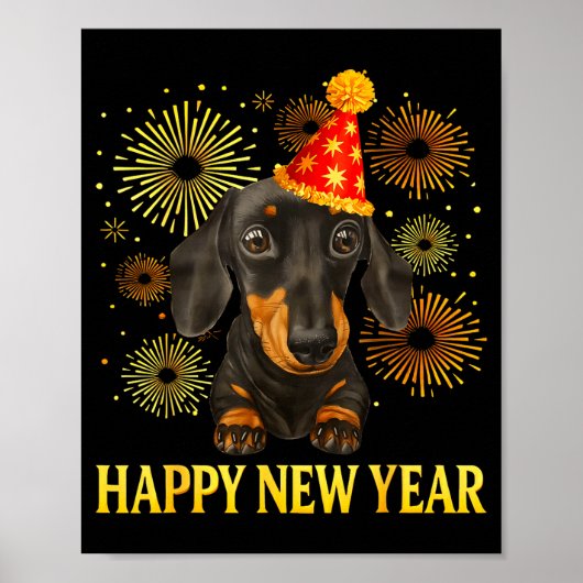 Happy New Year 2026 Dachshund Fireworks New Years Poster (Voorkant)