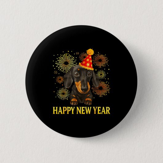 Happy New Year 2026 Dachshund Fireworks New Years Ronde Button 5,7 Cm (Voorkant)