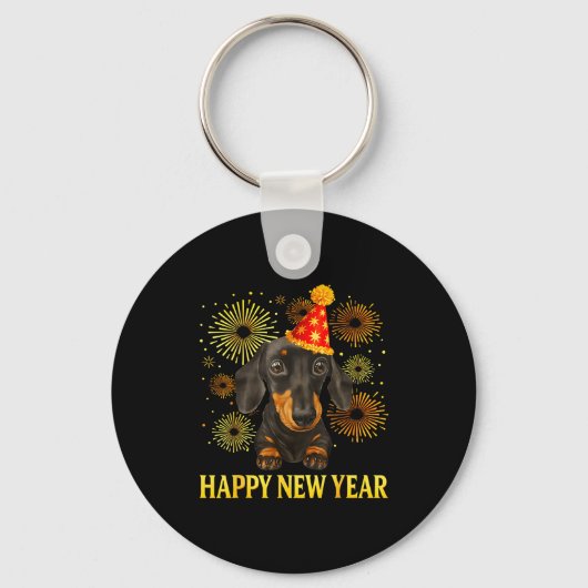 Happy New Year 2026 Dachshund Fireworks New Years Sleutelhanger (Voorkant)
