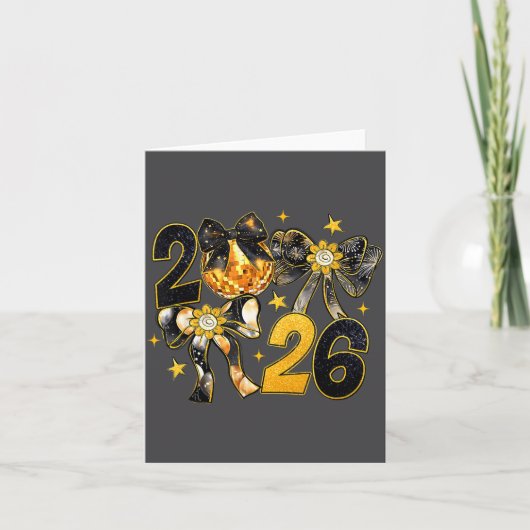 Happy New Year 2026 Disco Ball Coquette Bow New Ye Kaart (Voorkant)