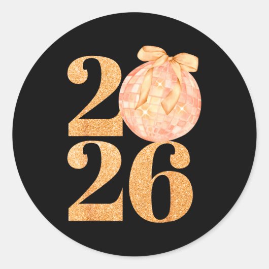Happy New Year 2026 Disco Ball Coquette Bow New Ye Ronde Sticker (Voorkant)