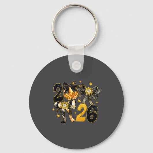Happy New Year 2026 Disco Ball Coquette Bow New Ye Sleutelhanger (Voorkant)