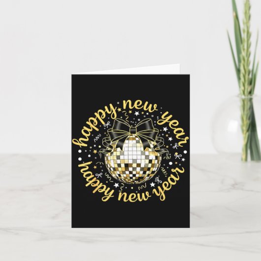 Happy New Year 2026 Disco Ball Gold Bow Coquette C Kaart (Voorkant)