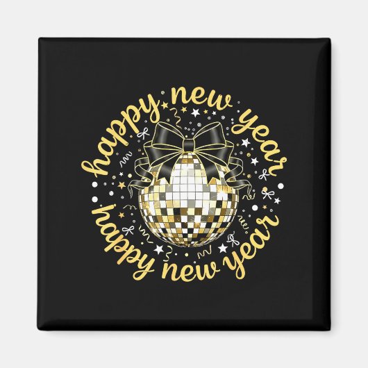 Happy New Year 2026 Disco Ball Gold Bow Coquette C Magneet (Voorkant)