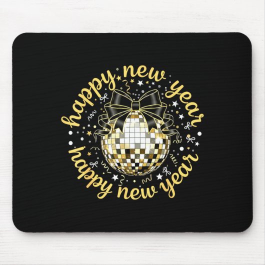 Happy New Year 2026 Disco Ball Gold Bow Coquette C Muismat (Voorkant)