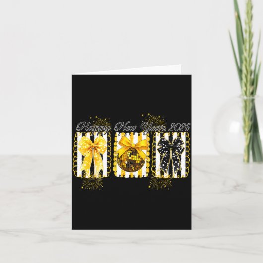 Happy New Year 2026 Disco Ball Gold Coquette Bow F Kaart (Voorkant)
