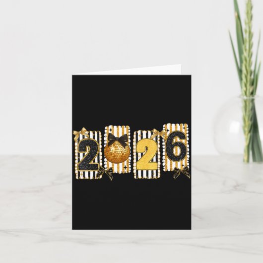 Happy New Year 2026 Disco Ball Gold Coquette Bow F Kaart (Voorkant)