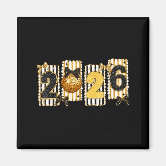 Happy New Year 2026 Disco Ball Gold Coquette Bow F Magneet (Voorkant)