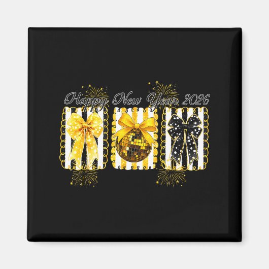Happy New Year 2026 Disco Ball Gold Coquette Bow F Magneet (Voorkant)