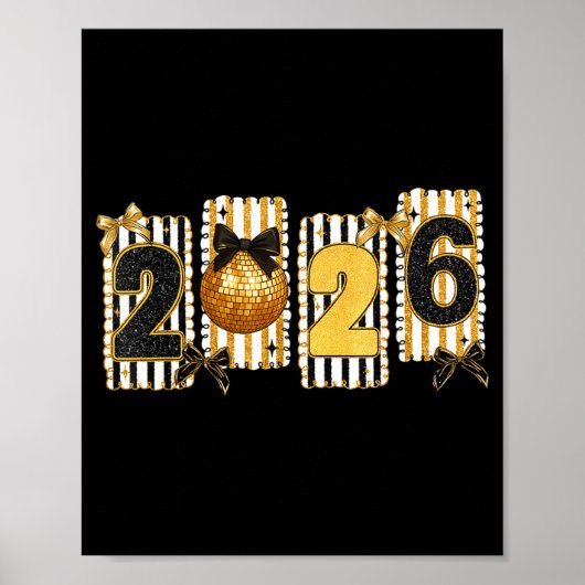 Happy New Year 2026 Disco Ball Gold Coquette Bow F Poster (Voorkant)