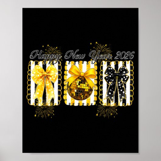 Happy New Year 2026 Disco Ball Gold Coquette Bow F Poster (Voorkant)