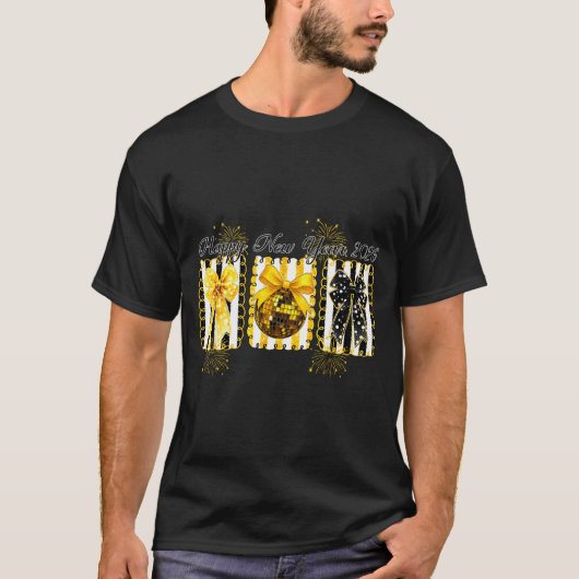 Happy New Year 2026 Disco Ball Gold Coquette Bow F T-shirt (Voorkant)