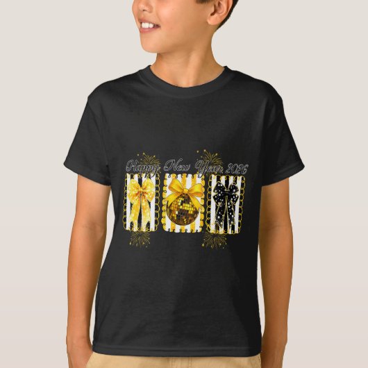 Happy New Year 2026 Disco Ball Gold Coquette Bow F T-shirt (Voorkant)