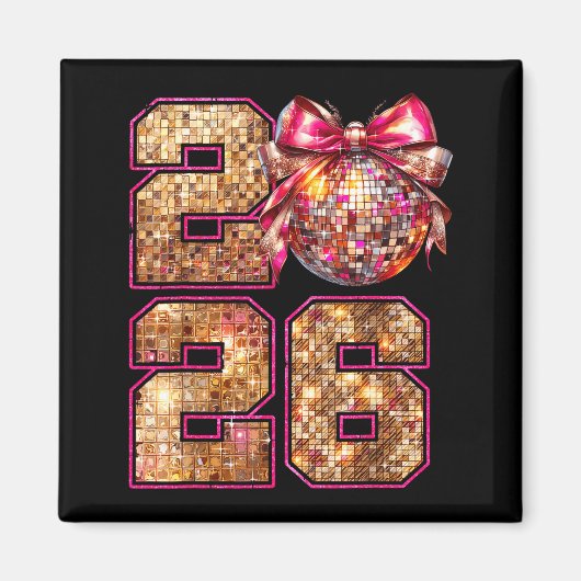 Happy New Year 2026 Disco Ball Nk Coquette Bow Fam Magneet (Voorkant)