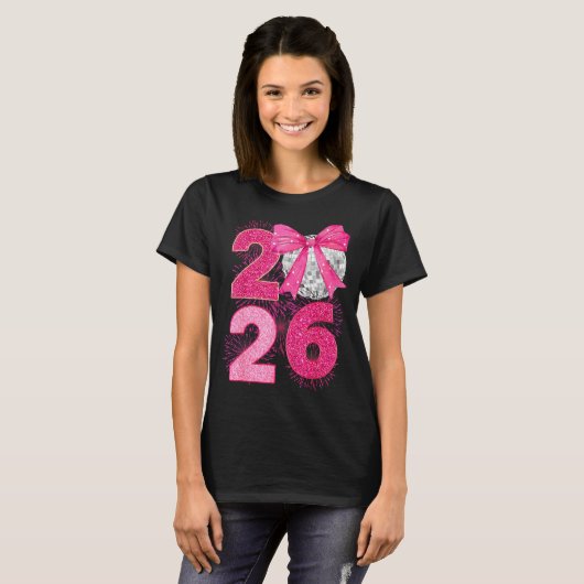 Happy New Year 2026 Disco Ball Nk Coquette Bow Fam T-shirt (Voorkant volledig)