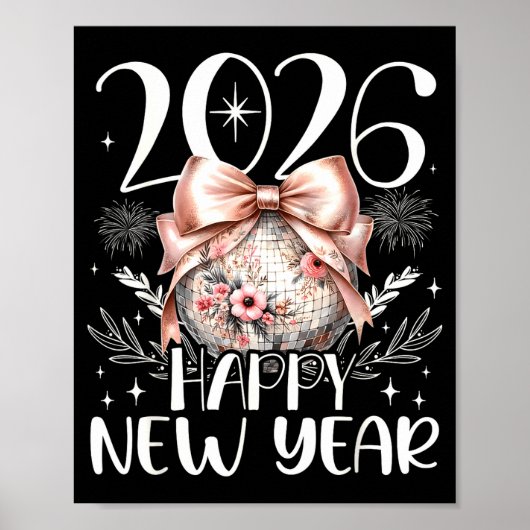 Happy New Year 2026 Disco Cute Bow Flower New Year Poster (Voorkant)