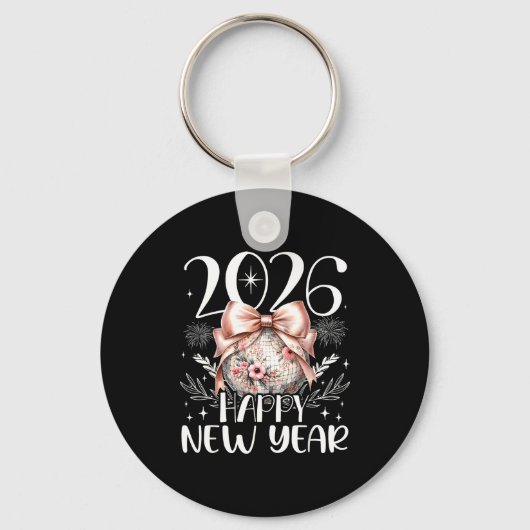 Happy New Year 2026 Disco Cute Bow Flower New Year Sleutelhanger (Voorkant)