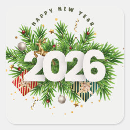 Happy New Year 2026 Festive Christmas Greenery Des Vierkante Sticker