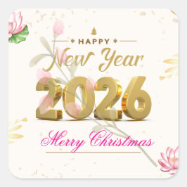 Happy New Year 2026 Festive Christmas Greenery Des Vierkante Sticker