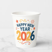 Happy New Year 2026 Festive Paper Party Cups Papieren Bekers (Voorkant)