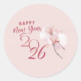Happy New Year 2026 Floral Pink Round Sticker