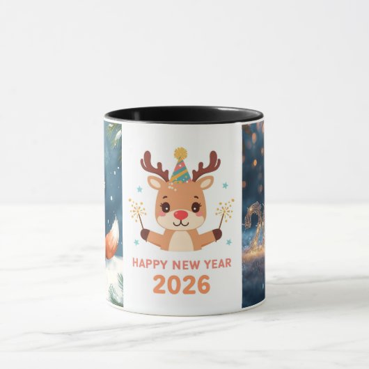 happy new year 2026  fox & reindeer coffee mug mok (Midden)