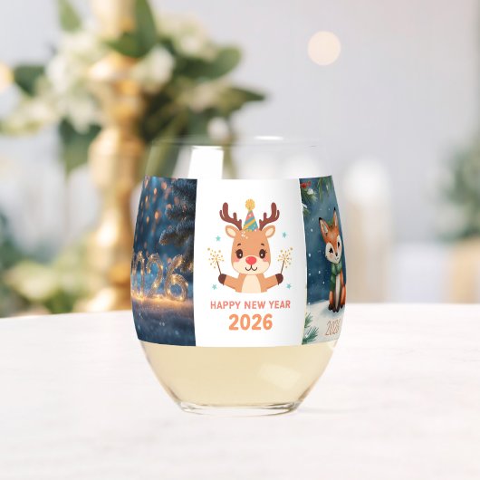 happy new year 2026 fox & reindeer  wijnglas zonder voet (Insitu (Huwelijk))