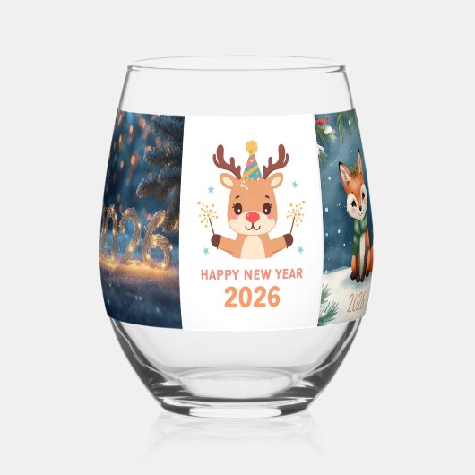 happy new year 2026 fox & reindeer  wijnglas zonder voet (Voorkant)