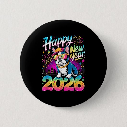 Happy New Year 2026 French Bulldog Fireworks Party Ronde Button 5,7 Cm (Voorkant)