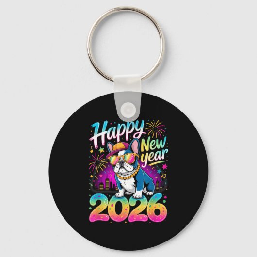 Happy New Year 2026 French Bulldog Fireworks Party Sleutelhanger (Voorkant)