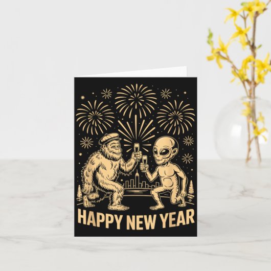 Happy New Year 2026 Funny Bigfoot And Alien Lovers Kaart (Gele Bloem)