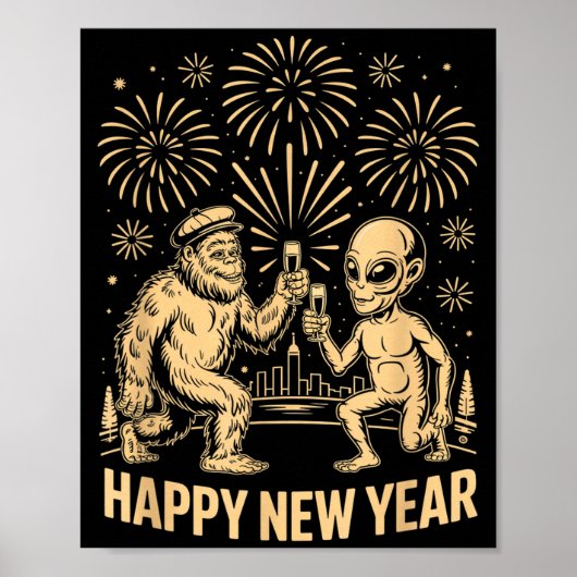 Happy New Year 2026 Funny Bigfoot And Alien Lovers Poster (Voorkant)