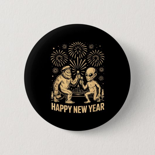 Happy New Year 2026 Funny Bigfoot And Alien Lovers Ronde Button 5,7 Cm (Voorkant)