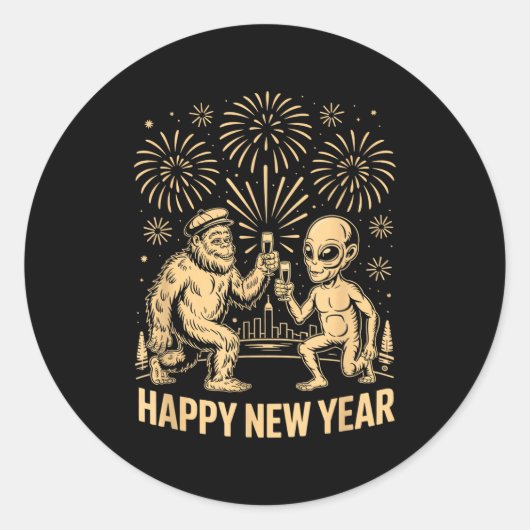 Happy New Year 2026 Funny Bigfoot And Alien Lovers Ronde Sticker (Voorkant)