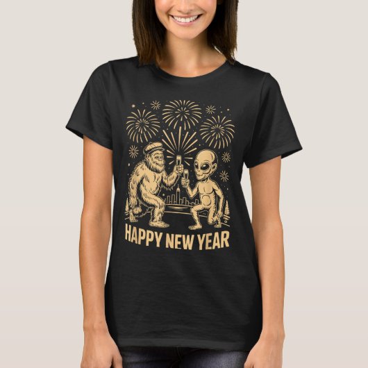 Happy New Year 2026 Funny Bigfoot And Alien Lovers T-shirt (Voorkant)