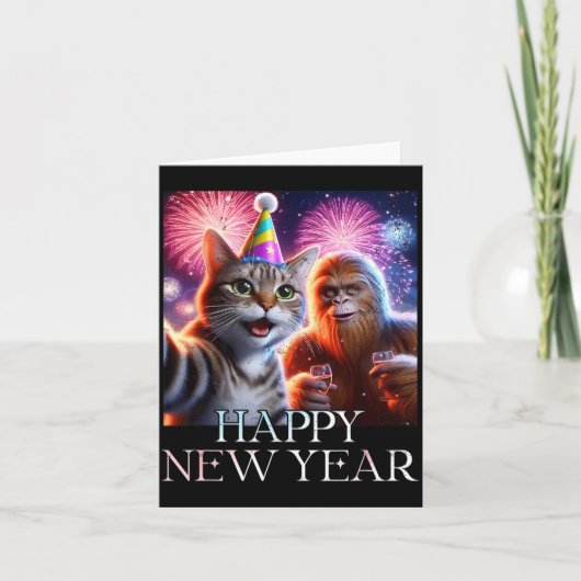 Happy New Year 2026 Funny Cat Bigfoot Party Art  Kaart (Voorkant)