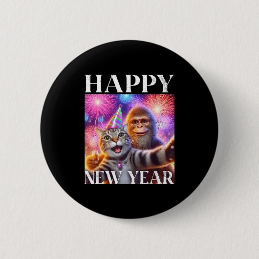 Happy New Year 2026 Funny Cat Bigfoot Party Art  Ronde Button 5,7 Cm (Voorkant)