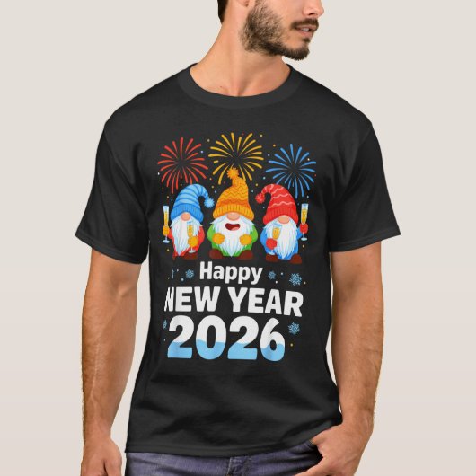 Happy New Year 2026 Gnome With Fireworks And Champ T-shirt (Voorkant)