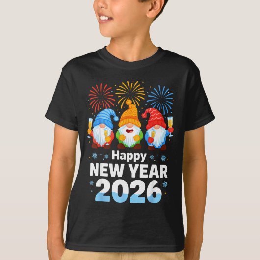 Happy New Year 2026 Gnome With Fireworks And Champ T-shirt (Voorkant)