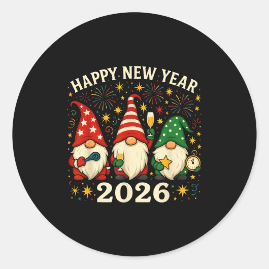 Happy New Year 2026 Gnomes Fireworks Party  Ronde Sticker (Voorkant)
