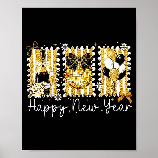 Happy New Year 2026 Gold Coquette Bow Disco Ball C Poster (Voorkant)