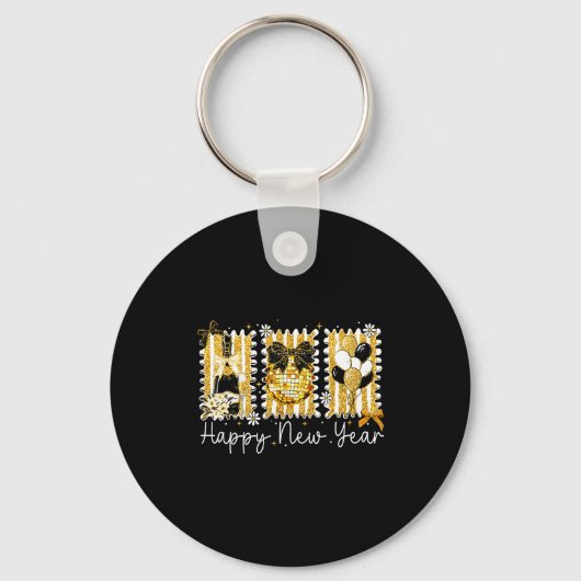 Happy New Year 2026 Gold Coquette Bow Disco Ball C Sleutelhanger (Voorkant)