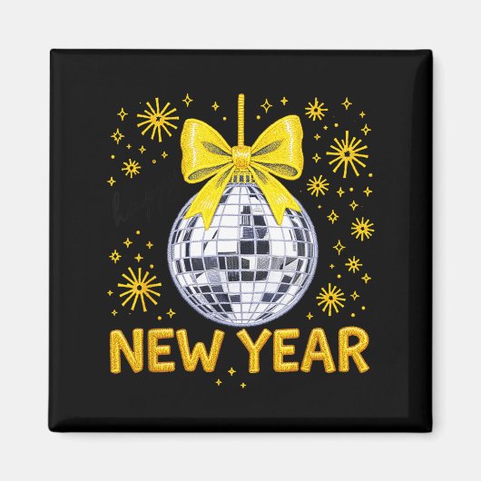 Happy New Year 2026 Golden Disco Ball Bow New Year Magneet (Voorkant)