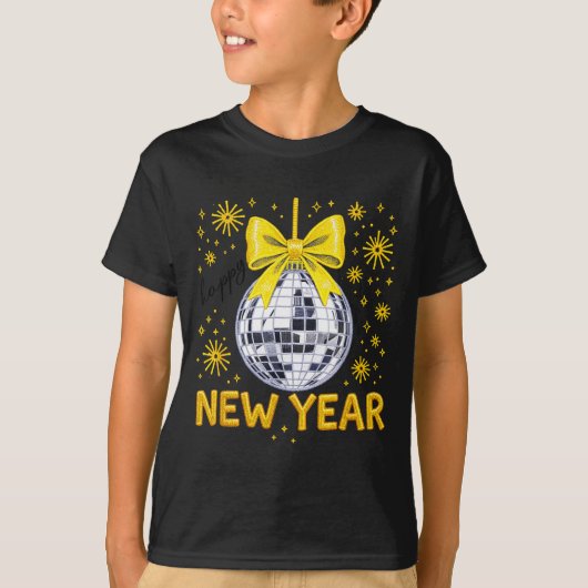 Happy New Year 2026 Golden Disco Ball Bow New Year T-shirt (Voorkant)